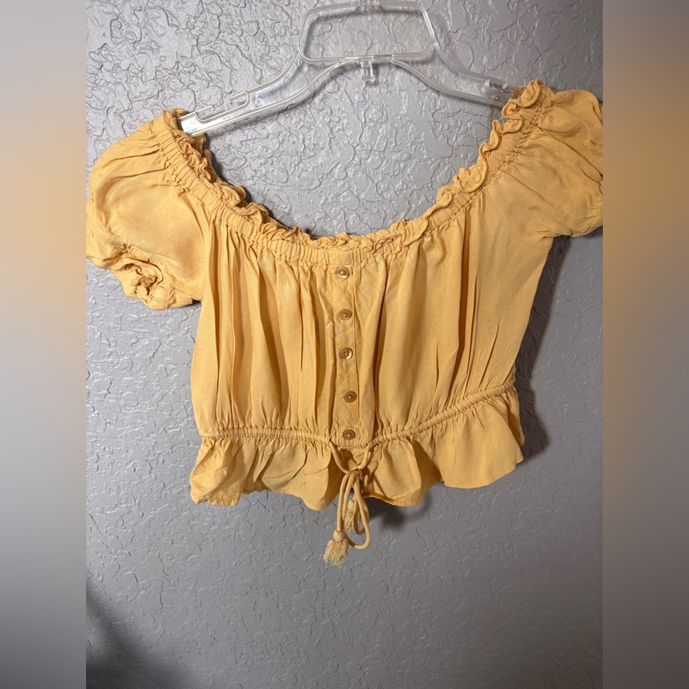 Women's Yellow Off-Shoulder Button Front Peasant Top